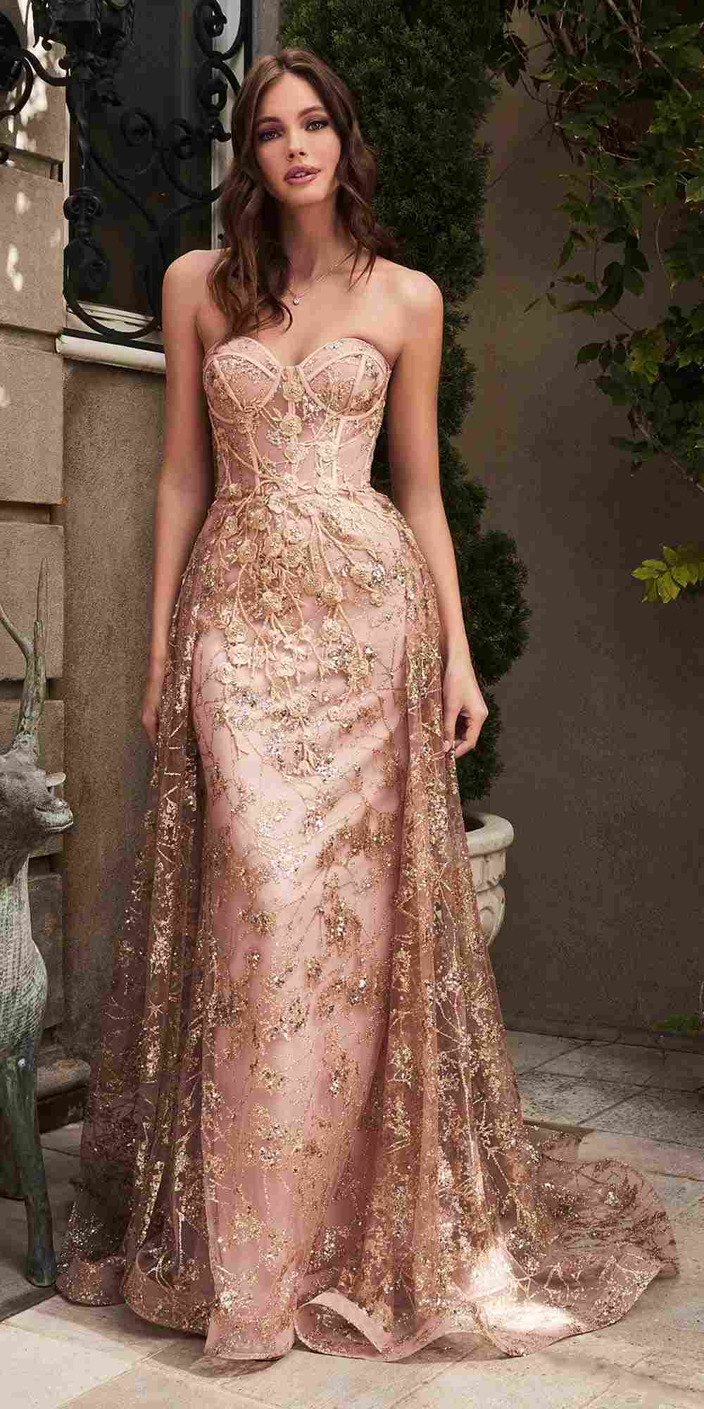 Cinderella Divine CB046W Strapless Gown Floral Applique Glitter Tulle Overskirt by DiscountDressShop