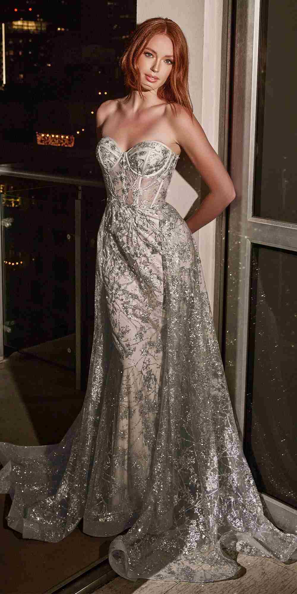 Cinderella Divine CB046W Strapless Gown Floral Applique Glitter Tulle Overskirt by DiscountDressShop