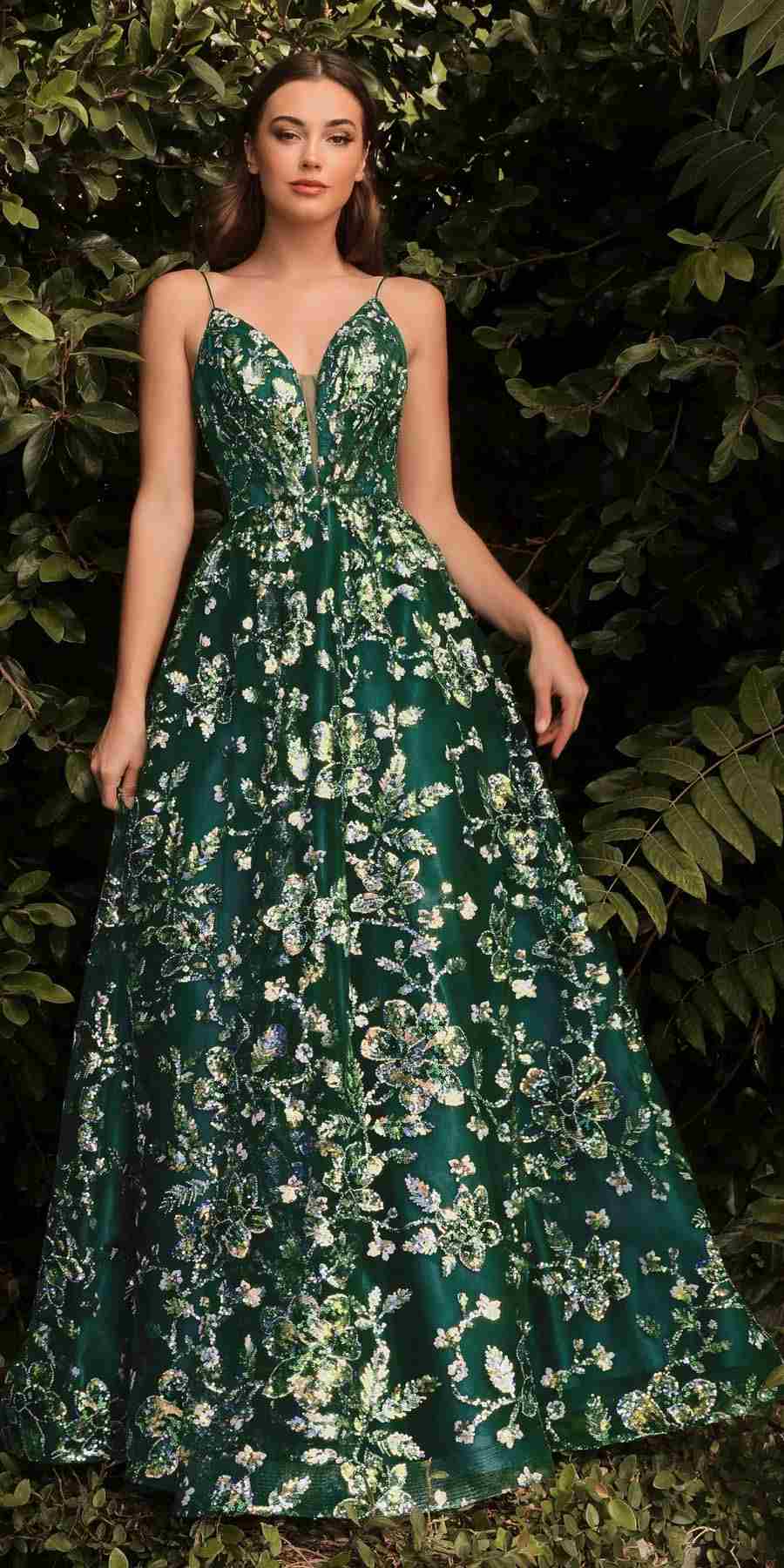 Cinderella Divine CB073 Floor Length Luminescent Floral Sequin Print Ball Gown by DiscountDressShop