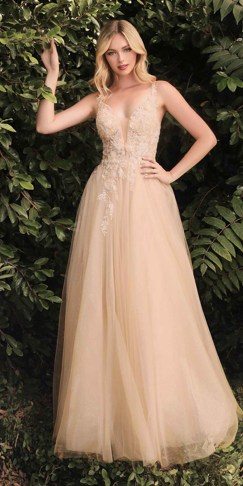 Cinderella Divine CB075 Long Floral A-Line Tulle Gown by DiscountDressShop