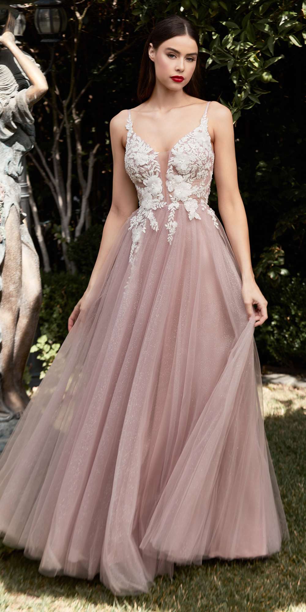 Cinderella Divine CB075 Long Floral A-Line Tulle Gown by DiscountDressShop