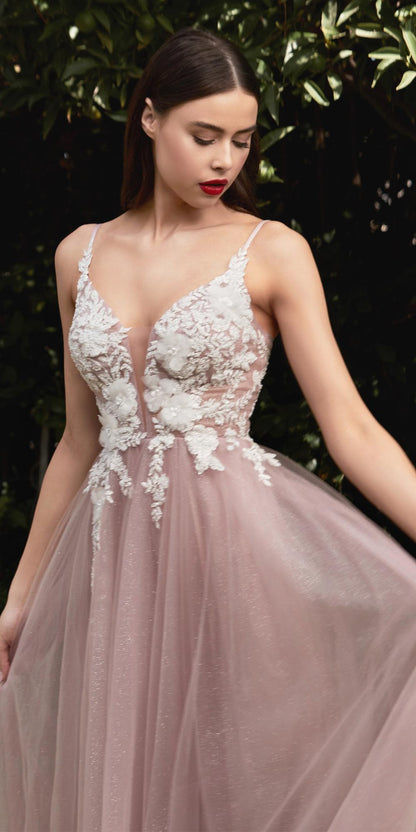 Cinderella Divine CB075 Long Floral A-Line Tulle Gown by DiscountDressShop
