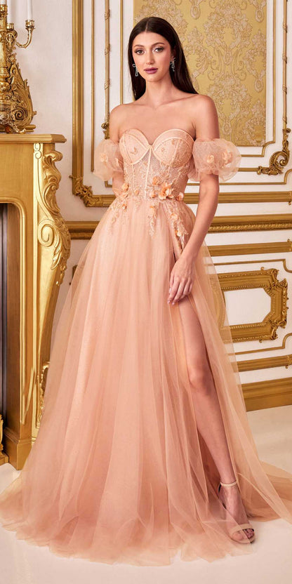 Cinderella Divine CB080 Long Strapless Tulle Floral Ball Gown by DiscountDressShop