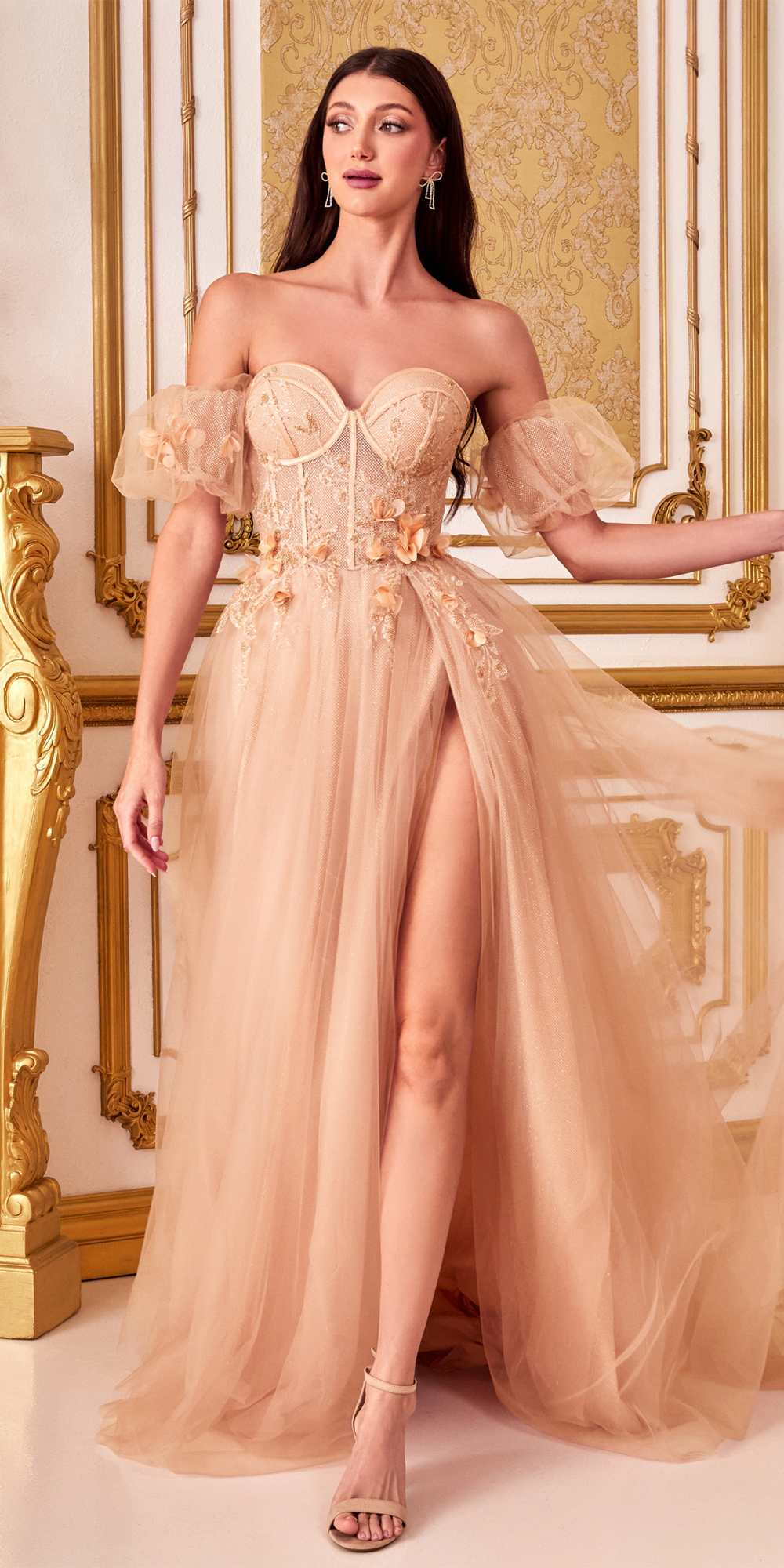 Cinderella Divine CB080 Long Strapless Tulle Floral Ball Gown by DiscountDressShop