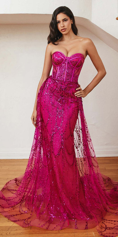 Cinderella Divine CB095 Strapless Lace Fitted Gown with Over Skirt by DiscountDressShop