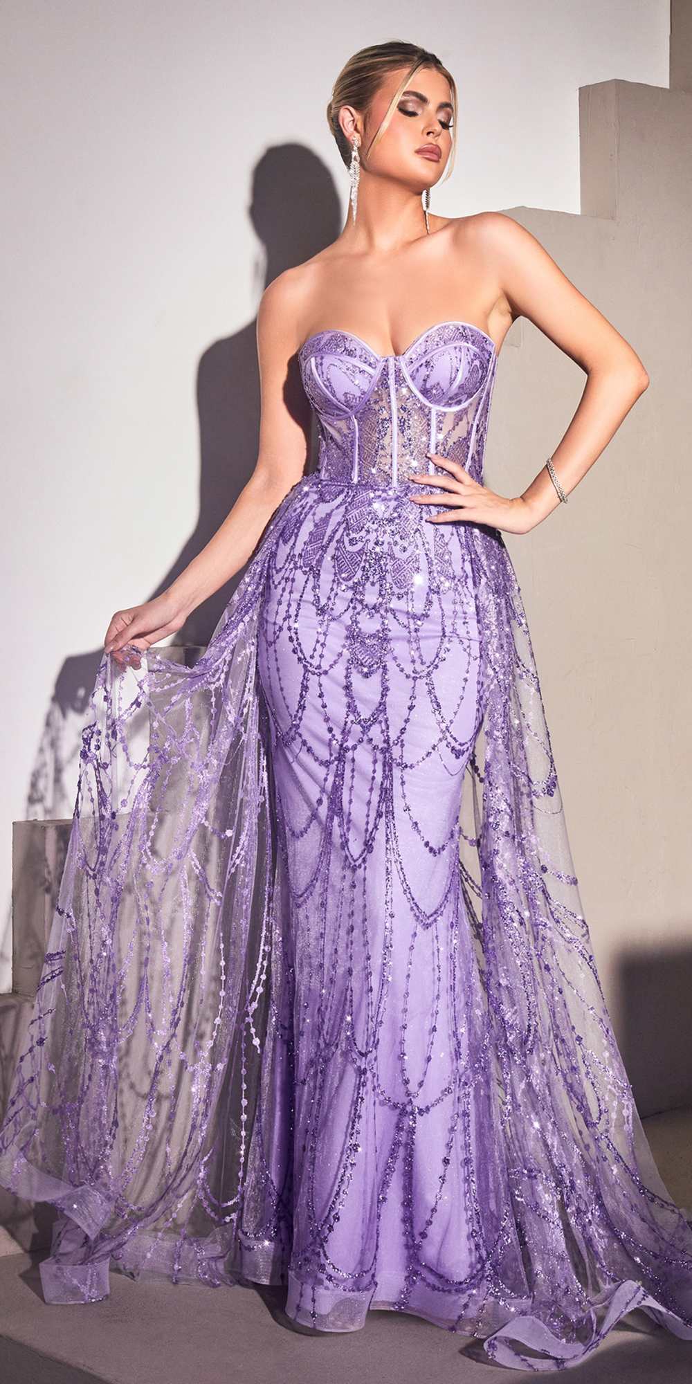 Cinderella Divine CB095 Strapless Lace Fitted Gown with Over Skirt by DiscountDressShop