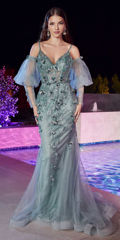 Ladivine CB121 Embellished Fitted Mermaid Gown with Puff Sleeves by DiscountDressShop