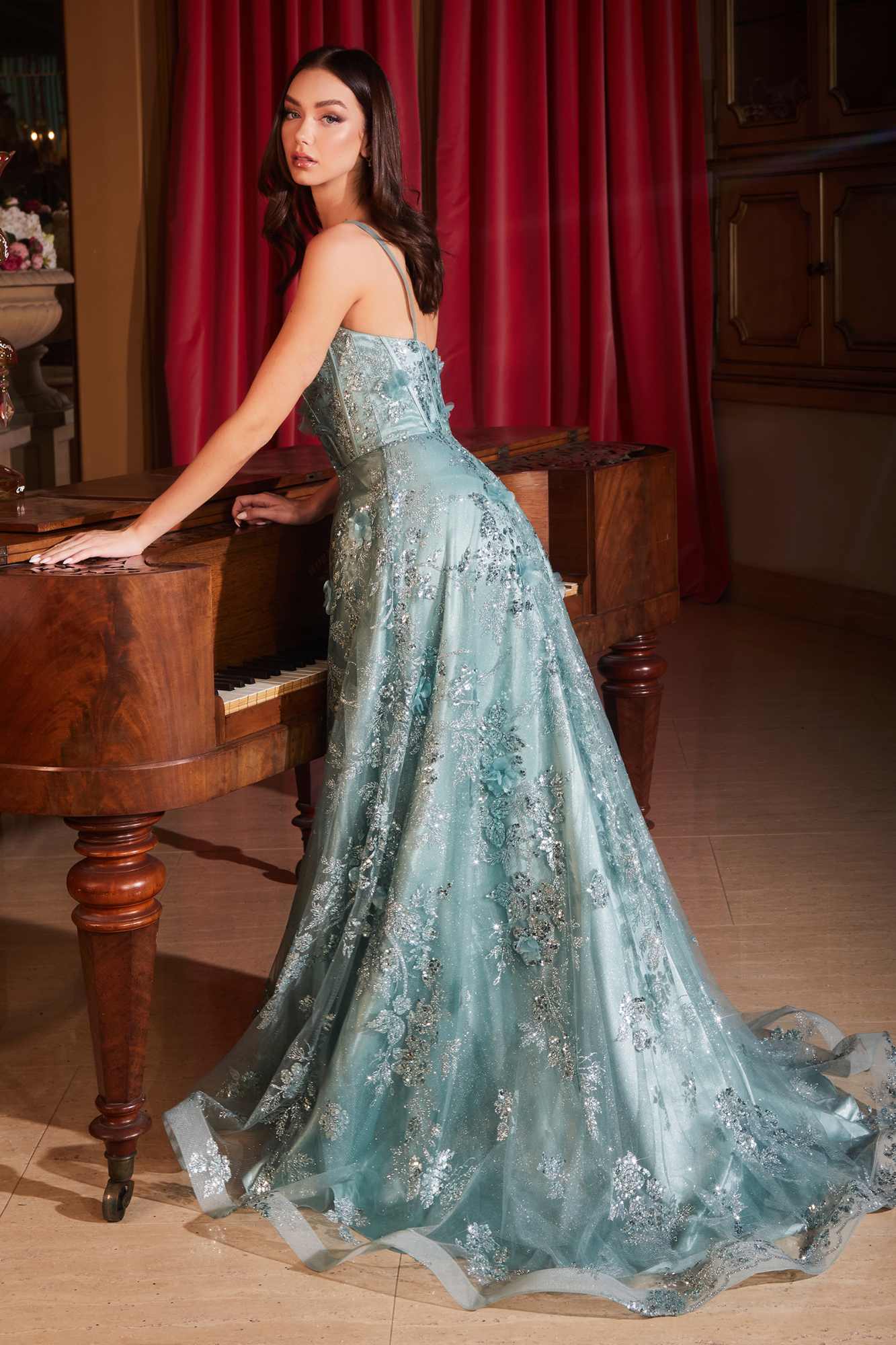 Ladivine CB144 Long Sequin Floral Printed A-Line Dress by DiscountDressShop
