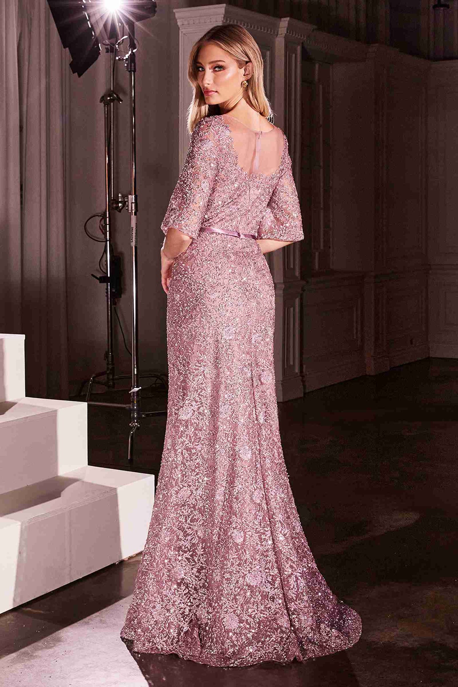 Ladivine CB149 Dress Lace Embellished Bell Sleeve Sheath Gown by DiscountDressShop