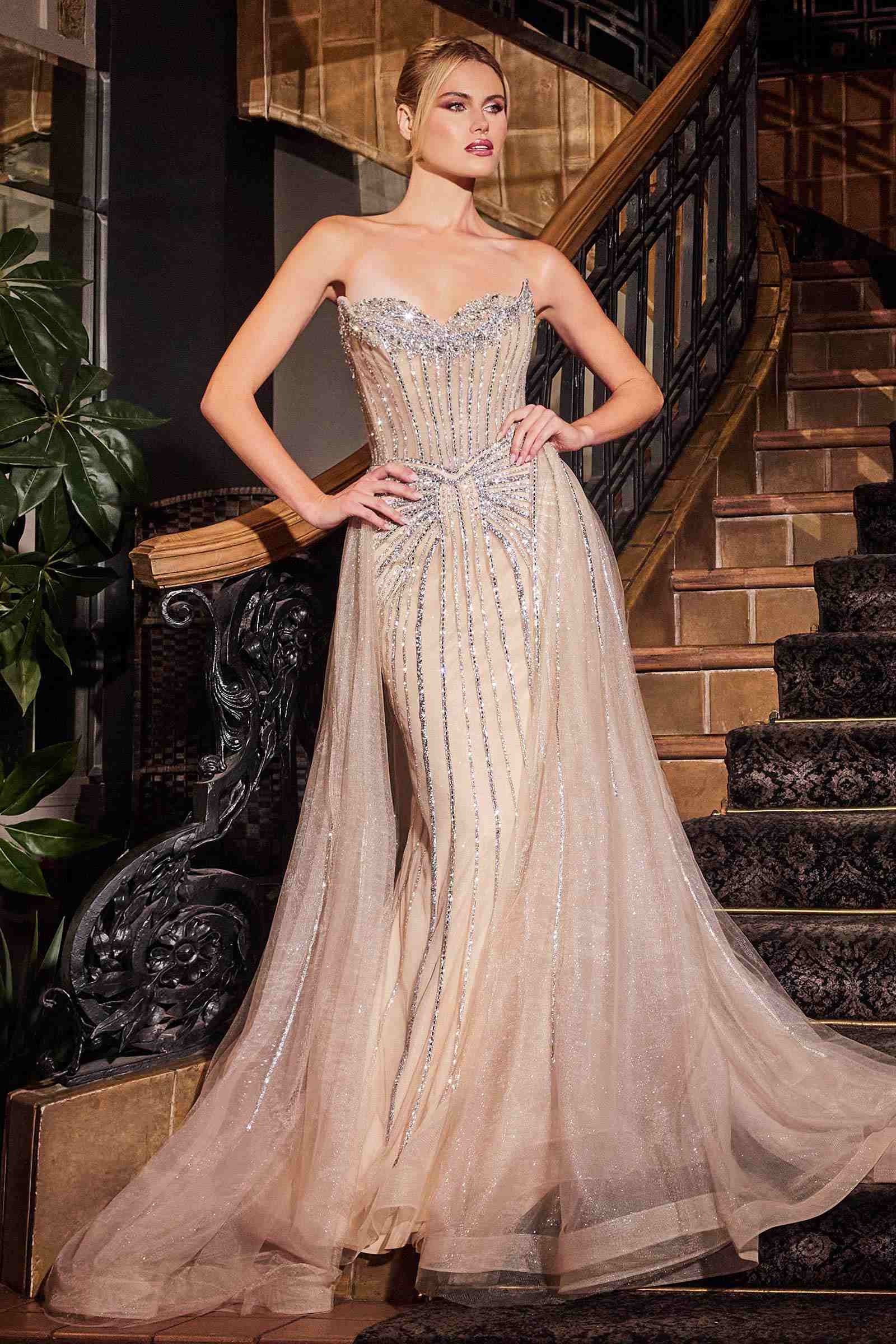 Ladivine CB158 Strapless Crystal Embellished Gown With Overskirt by DiscountDressShop