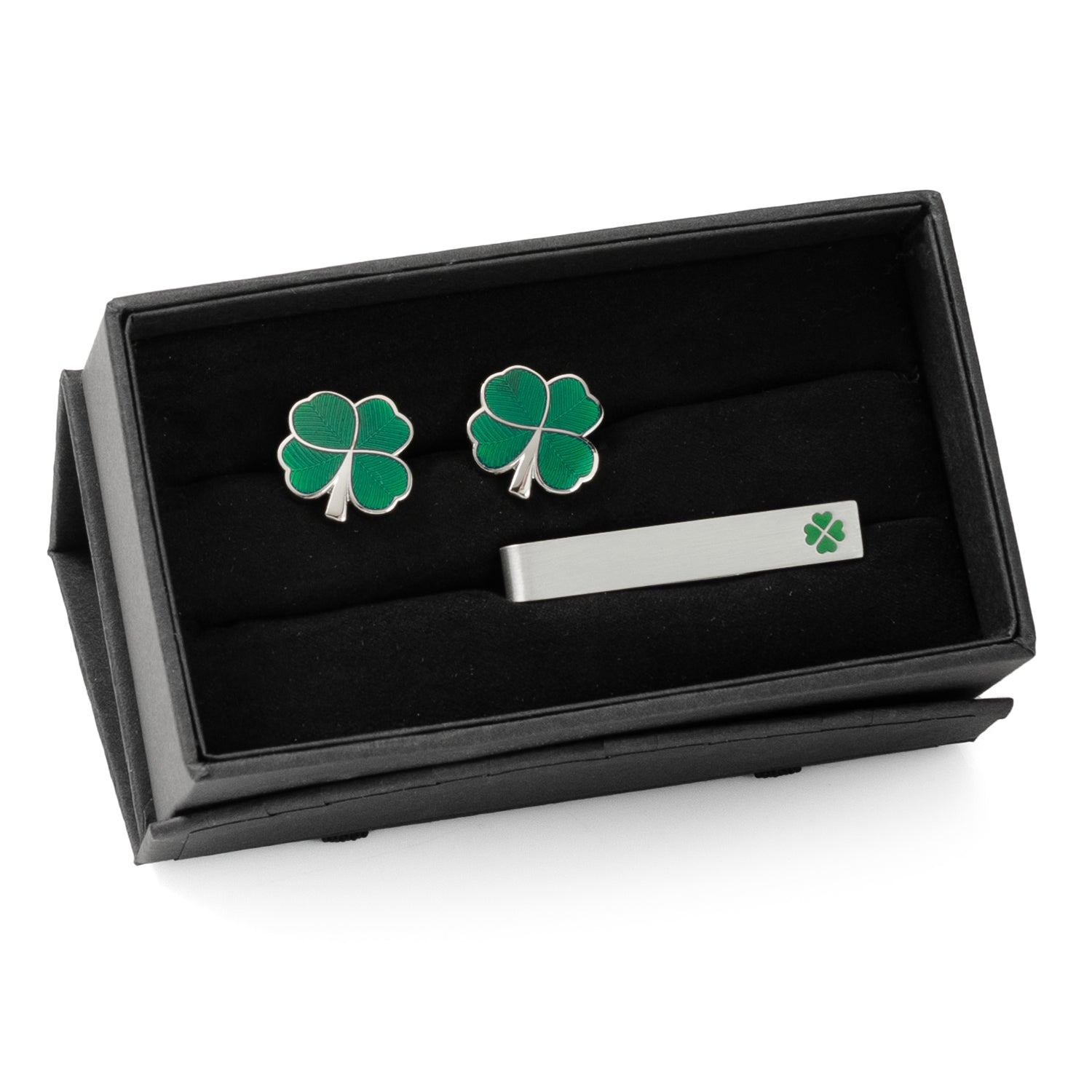 Green Clover Cufflinks and Tie Bar Gift Set by Cufflinks.com