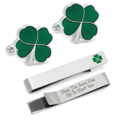 Green Clover Cufflinks and Tie Bar Gift Set by Cufflinks.com