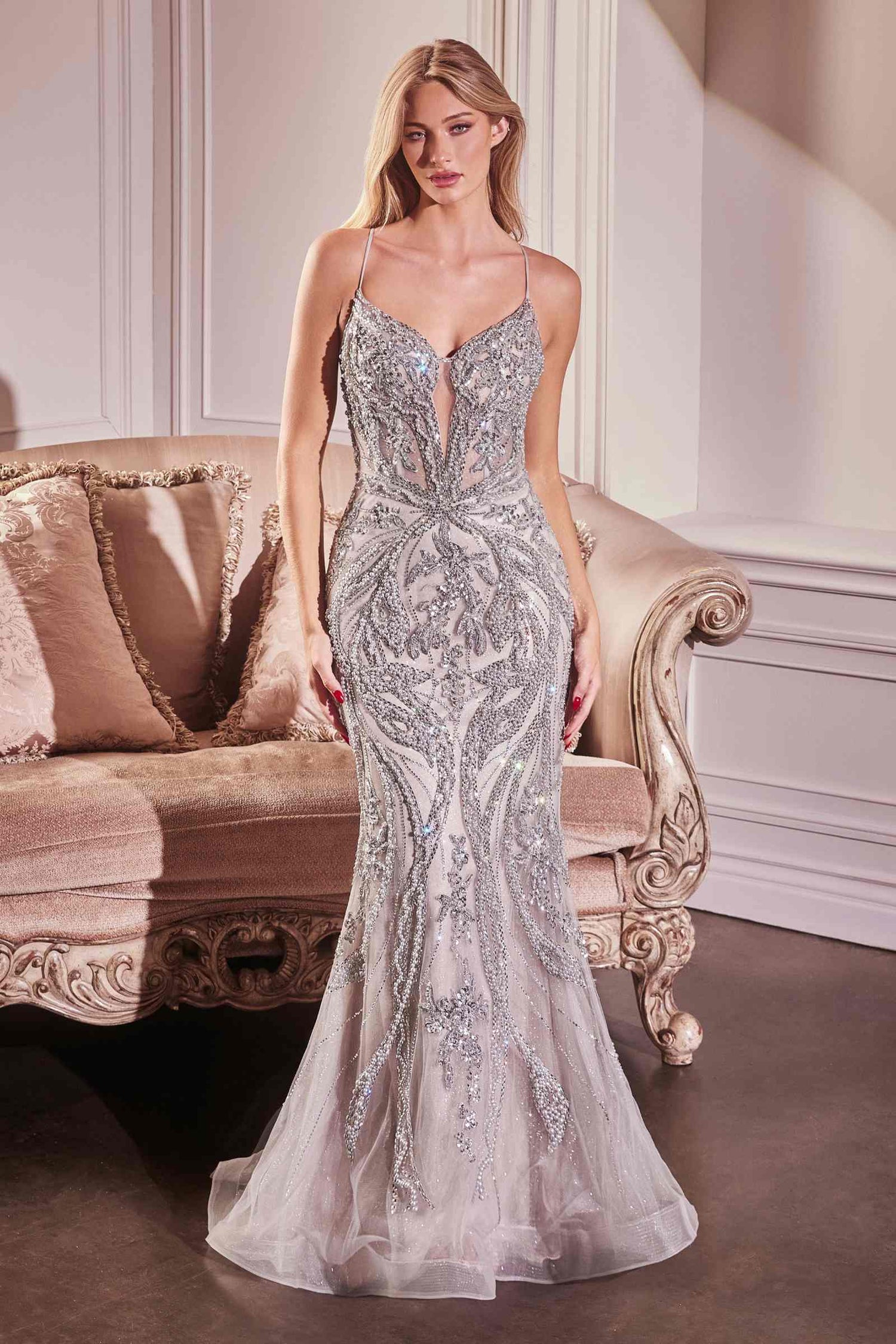 Ladivine CC0240 Dress Pearl Embellished Fit &amp; Flare Gown by DiscountDressShop