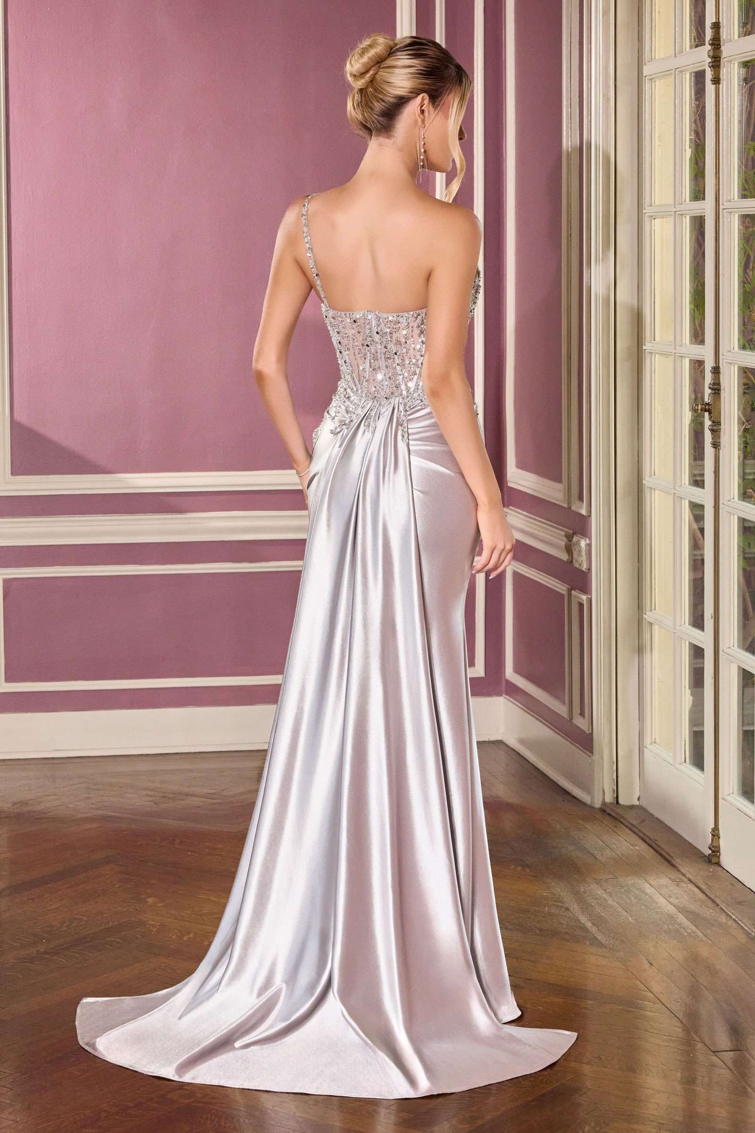 Ladivine CC0329 Fitted Sculpted Illusion Bodice Satin Skirt Dress by DiscountDressShop
