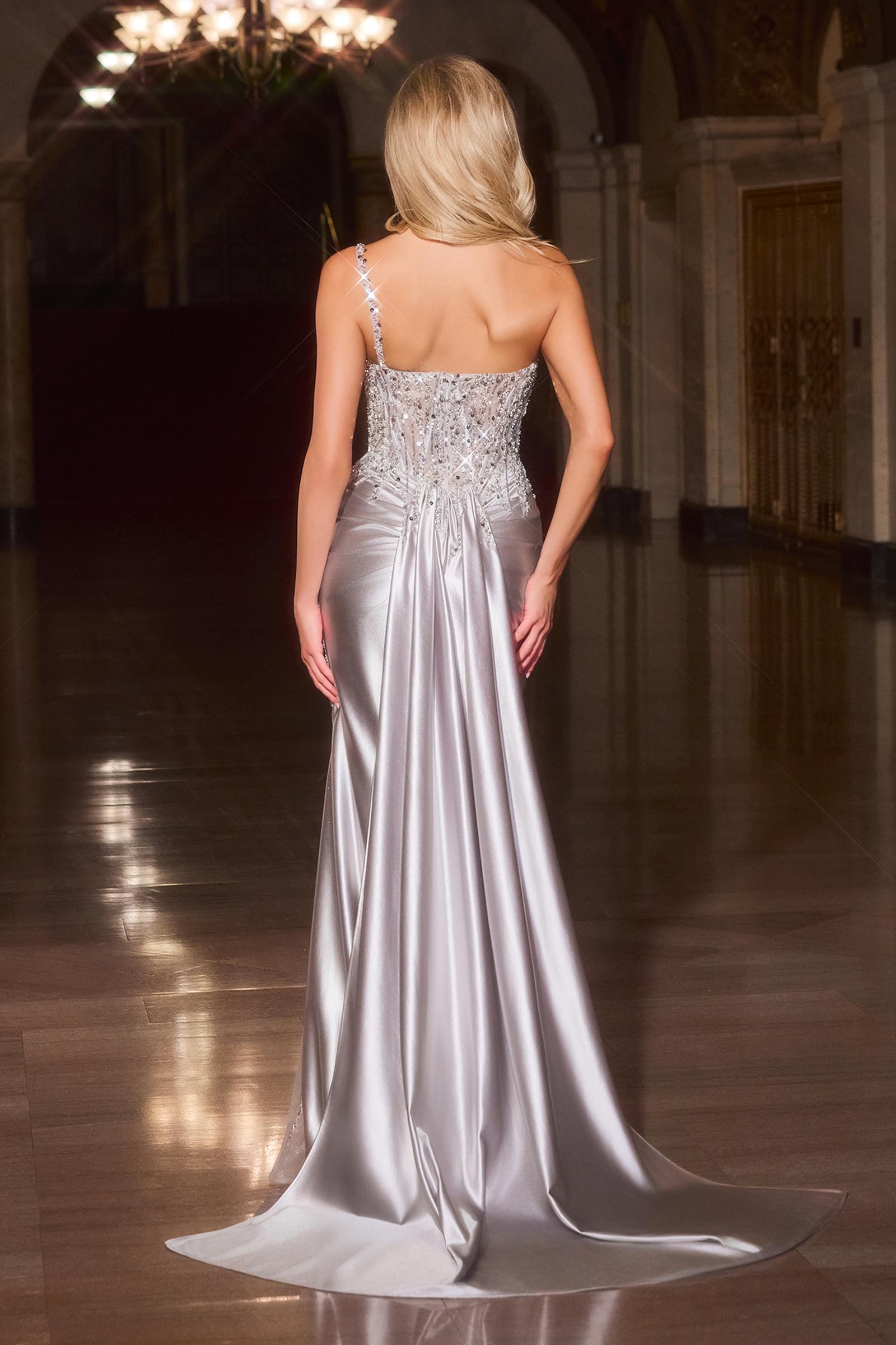 Ladivine CC0329 Fitted Sculpted Illusion Bodice Satin Skirt Dress by DiscountDressShop
