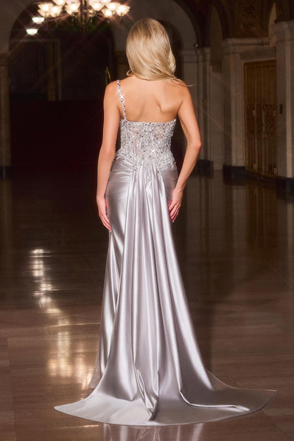 Ladivine CC0329 Fitted Sculpted Illusion Bodice Satin Skirt Dress by DiscountDressShop