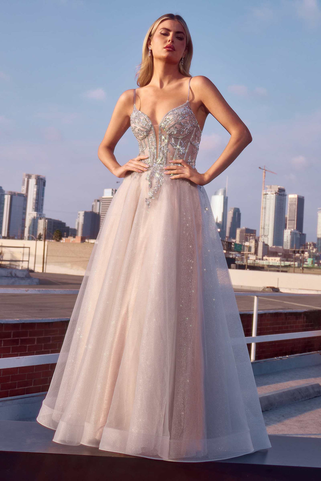 Ladivine CC0881 Dress A-Line Layered Tulle Gown &amp; Lace Embellished Bodice by DiscountDressShop