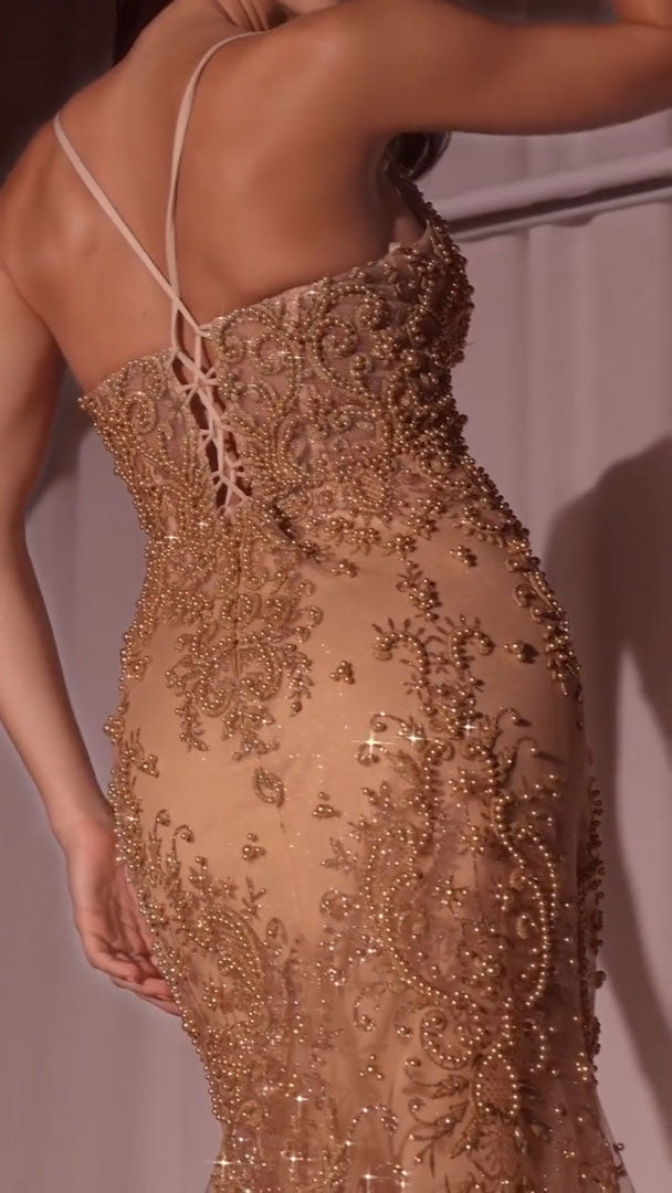 Ladivine CC2403 Dress Pearl &amp; Lace Embellished Fit &amp; Flare Gown by DiscountDressShop