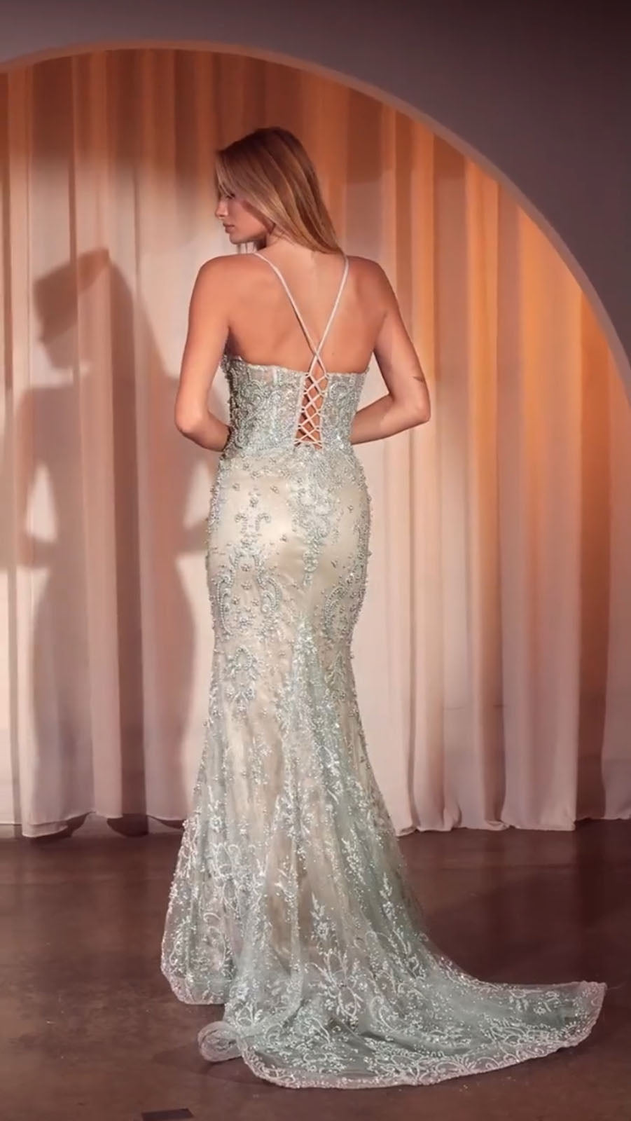 Ladivine CC2403 Dress Pearl &amp; Lace Embellished Fit &amp; Flare Gown by DiscountDressShop