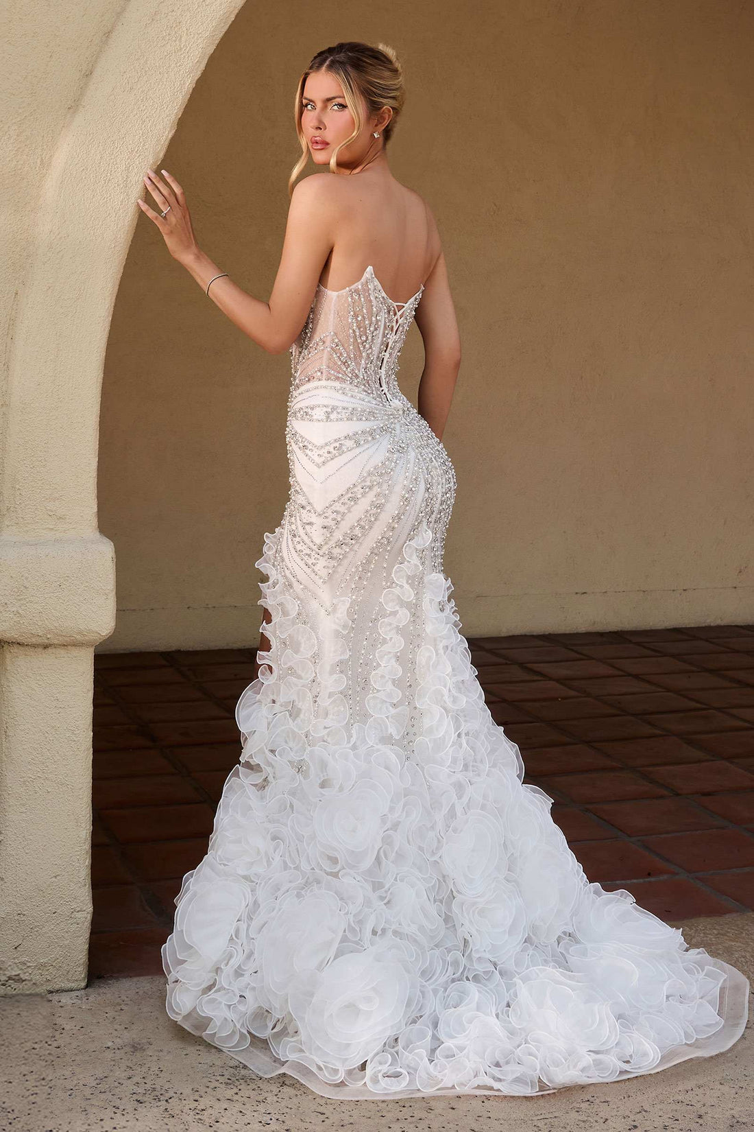 Ladivine CC2488W Plunging Neckline Fitted Mermaid Off White Gown  DestGlow