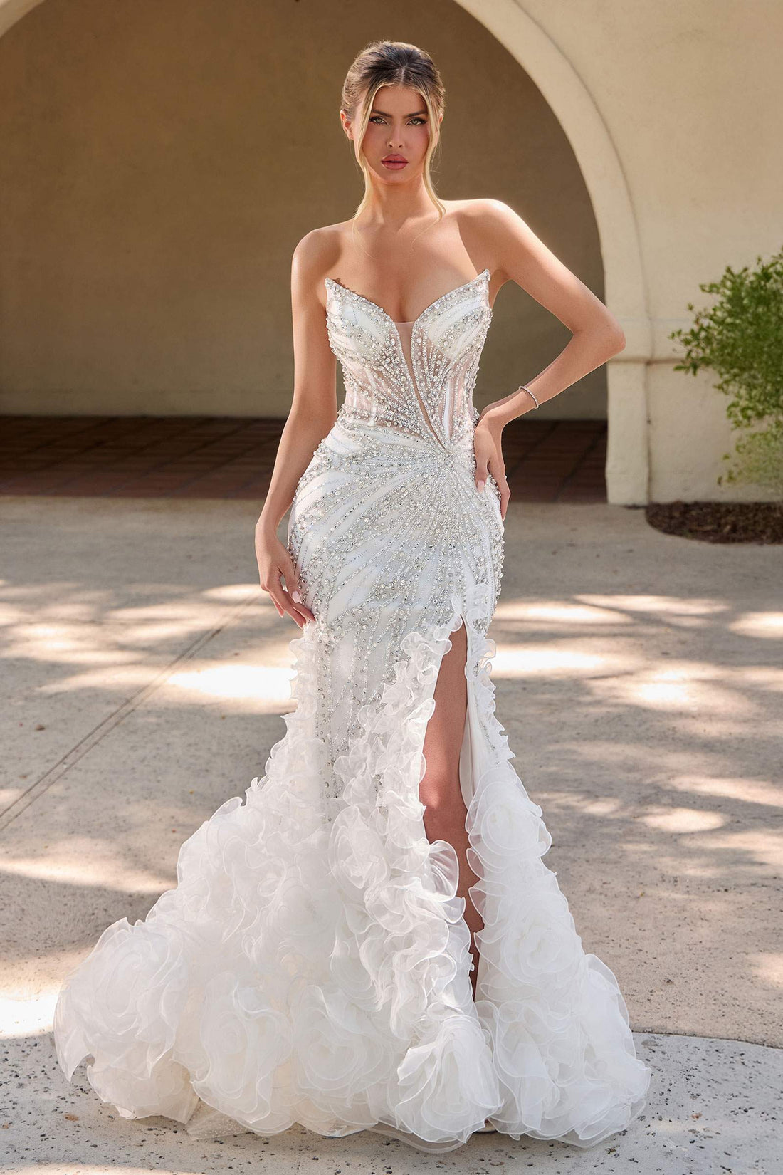 Ladivine CC2488W Plunging Neckline Fitted Mermaid Off White Gown  DestGlow