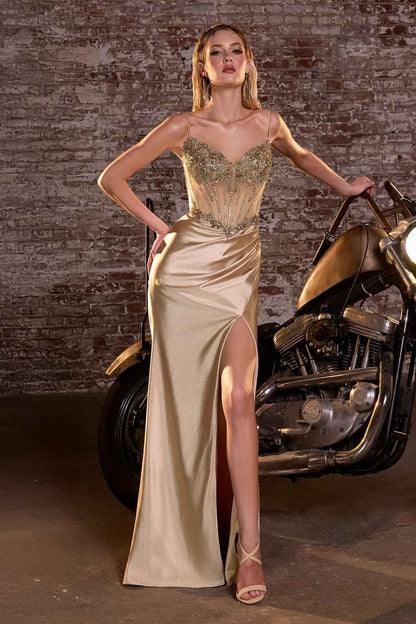 Ladivine CC408 Long Satin Fitted Gown Boned Embellished Bodice Slit by DiscountDressShop