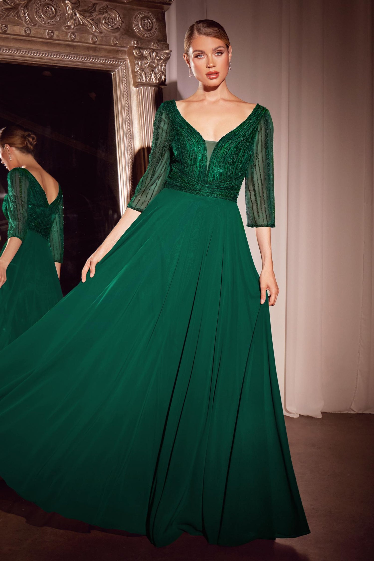 Ladivine CC446 Three Quarter Sleeve Beaded Chiffon Dress by DiscountDressShop