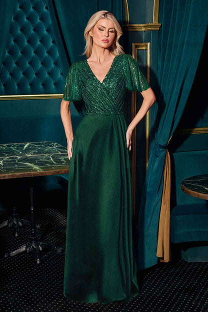 Ladivine CC447 Flutter Sleeves V-Neckline A-Line Satin Evening Gown by DiscountDressShop