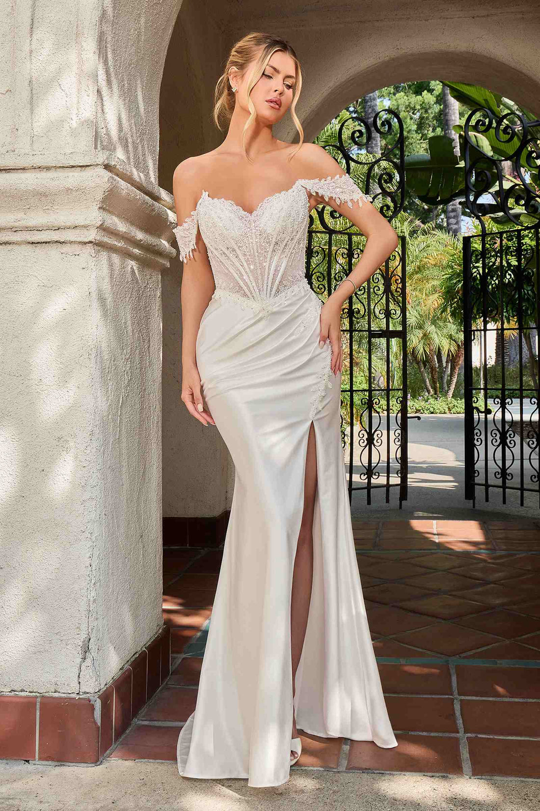 Ladivine CC456W Glitter Satin Strech Fitted Off White Evening Gown  DestGlow