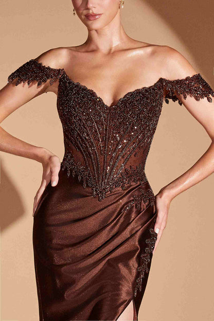 Ladivine CC456 Glitter Satin Strech Fitted Evening Gown by DiscountDressShop