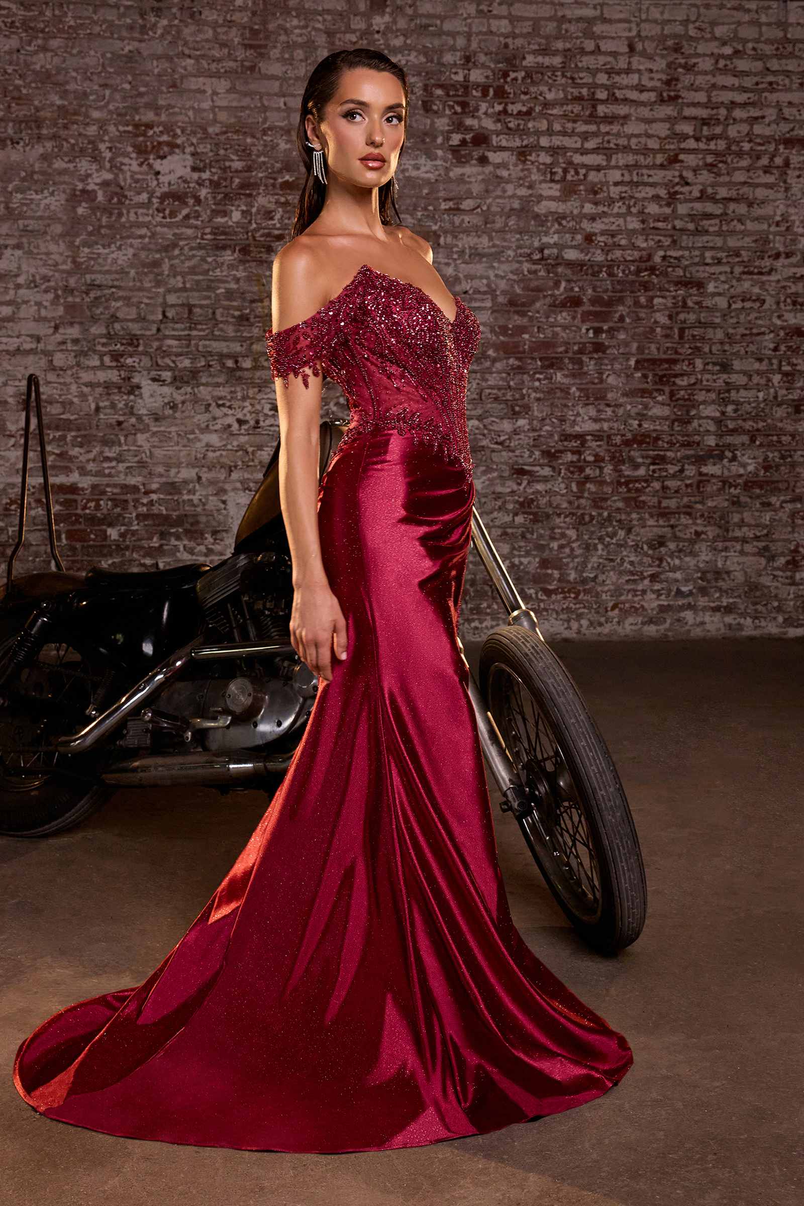 Ladivine CC456 Glitter Satin Strech Fitted Evening Gown by DiscountDressShop