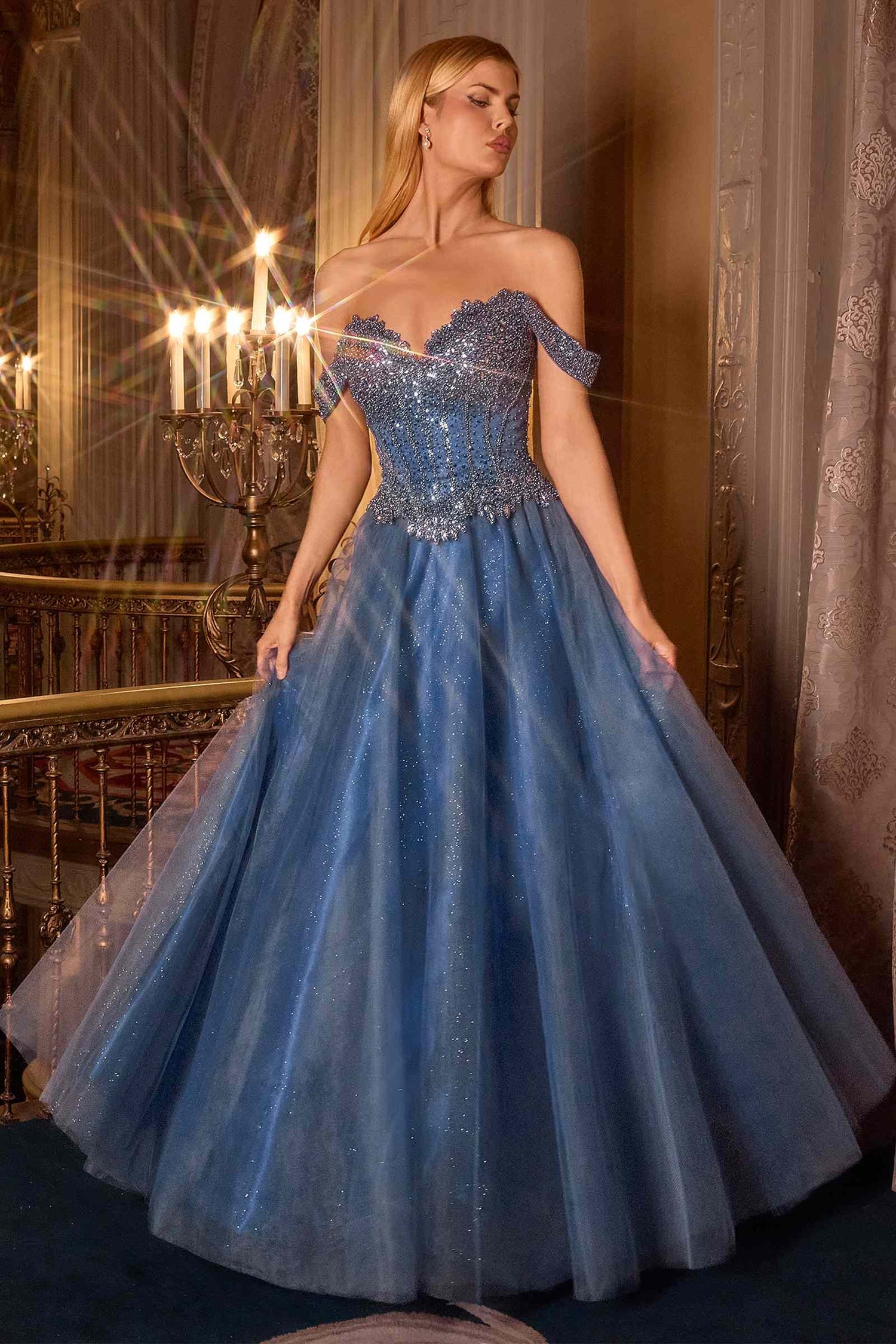 Ladivine CC471 Off Shoulder Glitter Tulle Corset Bodice A-line Ball Gown by DiscountDressShop