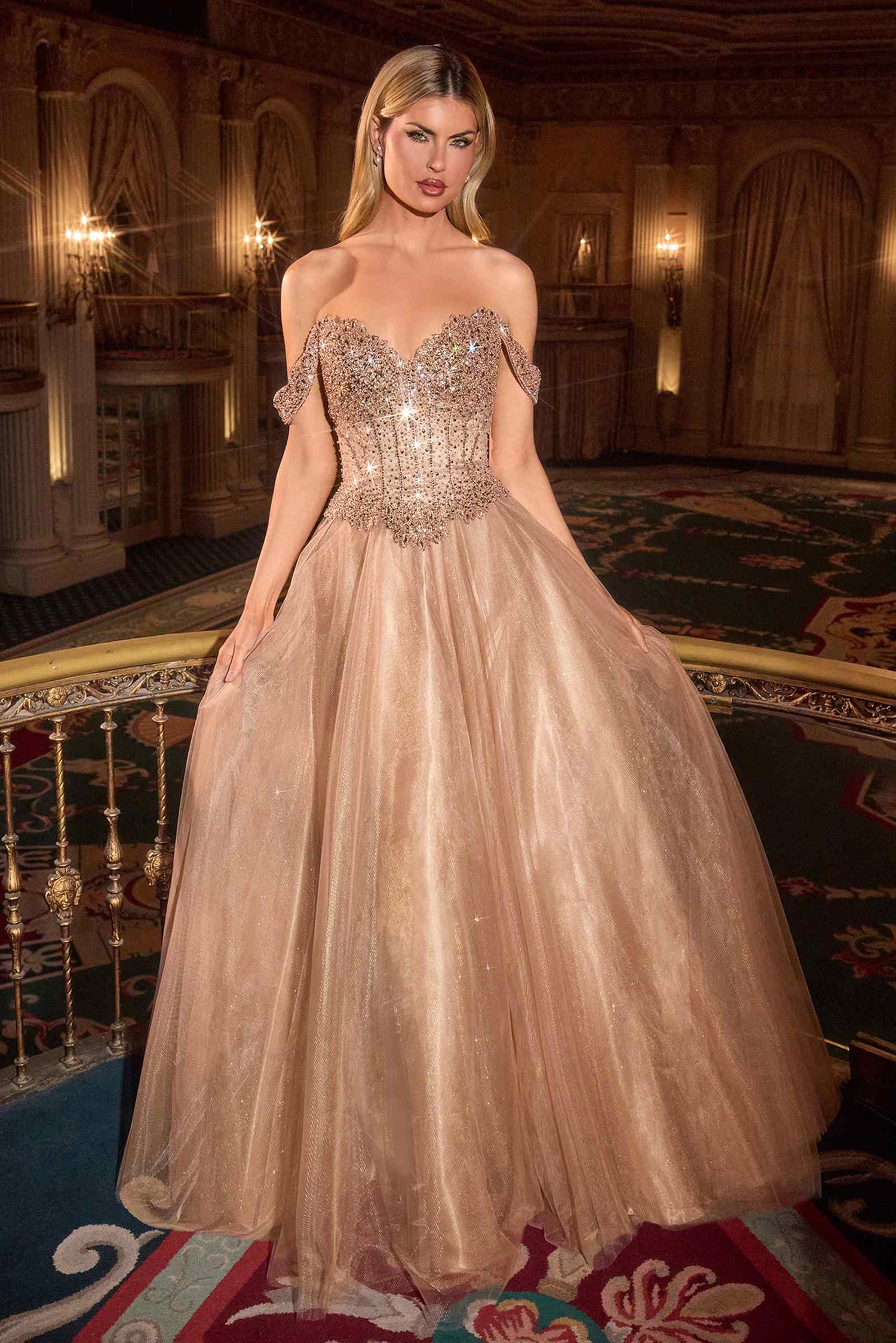 Ladivine CC471 Off Shoulder Glitter Tulle Corset Bodice A-line Ball Gown by DiscountDressShop