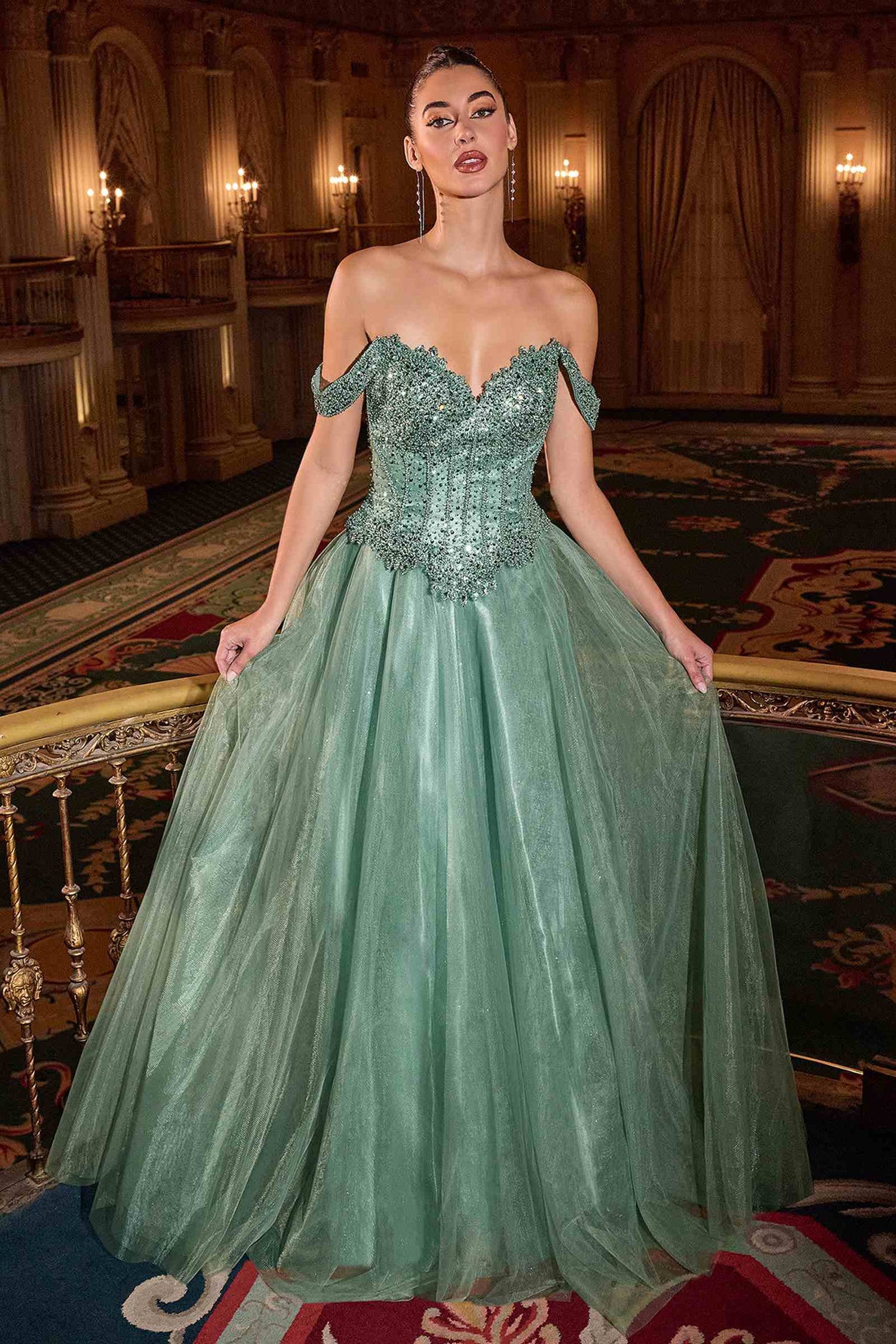 Ladivine CC471 Off Shoulder Glitter Tulle Corset Bodice A-line Ball Gown by DiscountDressShop