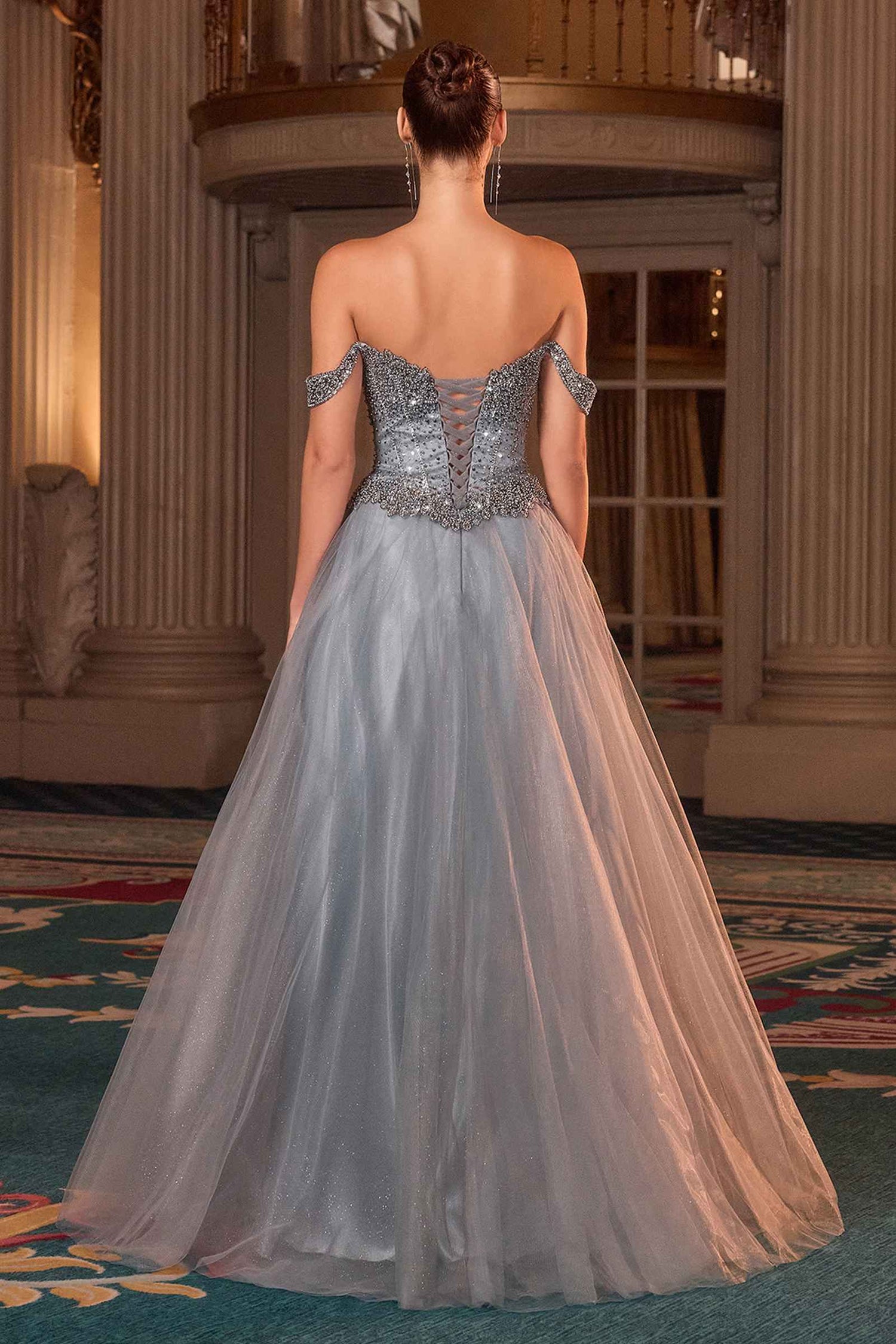 Ladivine CC471 Off Shoulder Glitter Tulle Corset Bodice A-line Ball Gown by DiscountDressShop