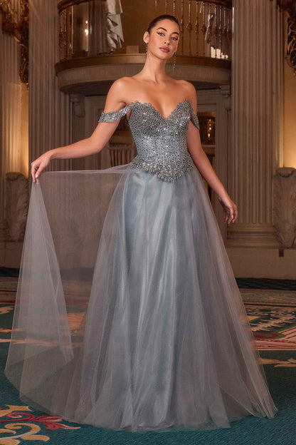 Ladivine CC471 Off Shoulder Glitter Tulle Corset Bodice A-line Ball Gown by DiscountDressShop