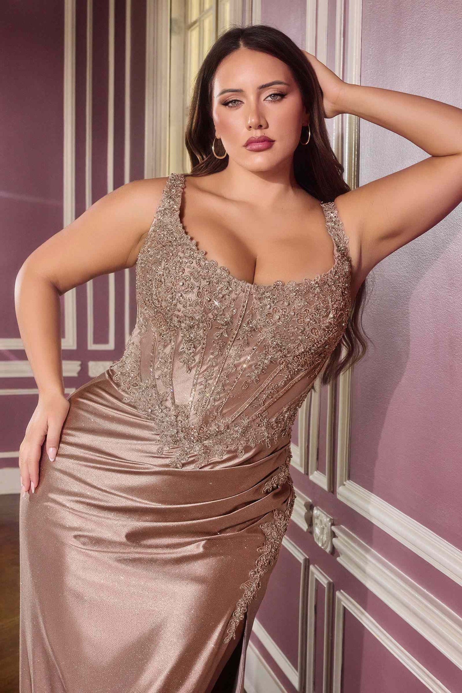 Ladivine CC475C Strapless Fitted Plus Size Prom Gown With Lace Detailing by DiscountDressShop