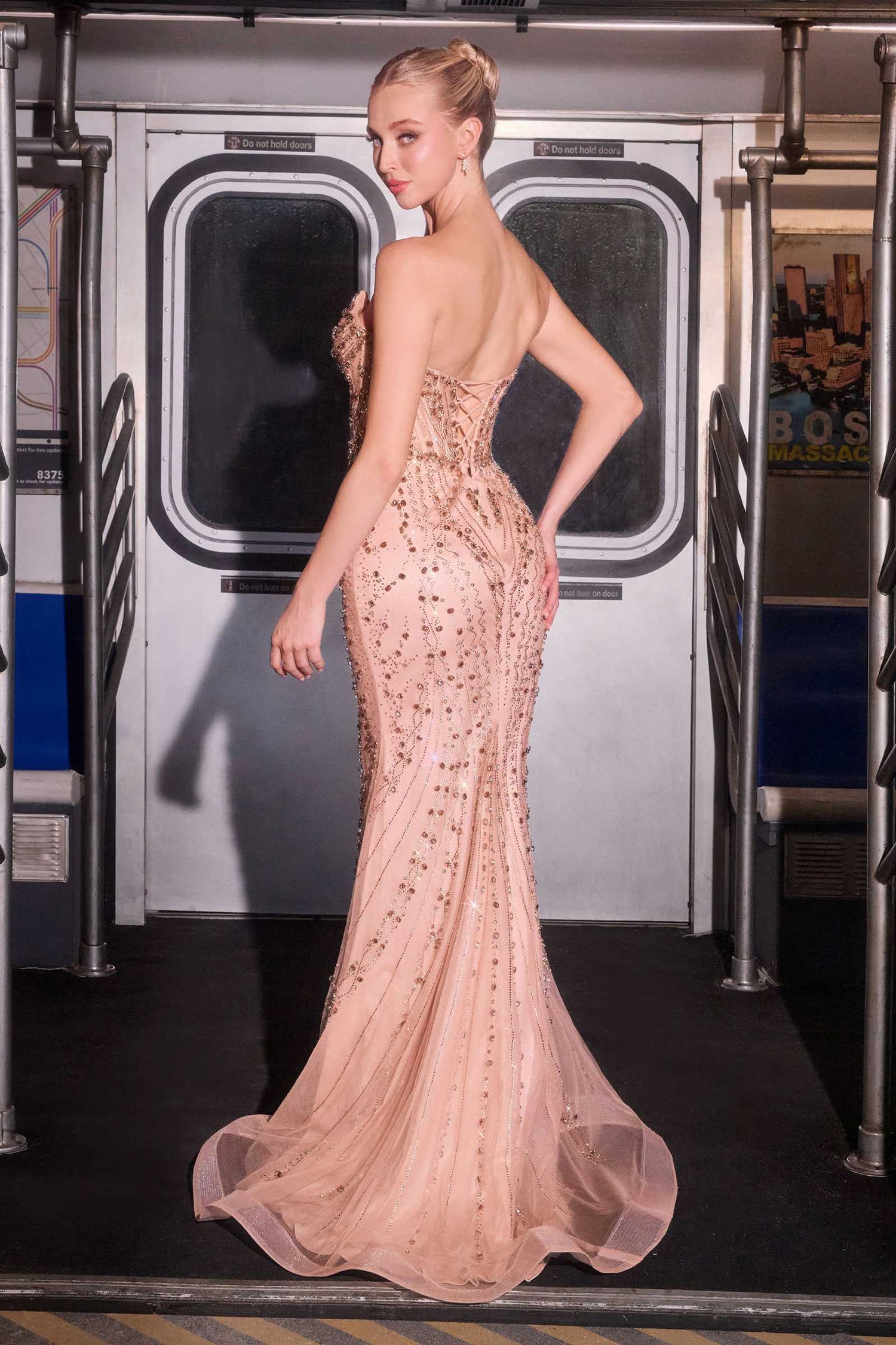 Ladivine CC8262 Crystal Adorned Sheer Bodice Strapless Fitted Mermaid Gown by DiscountDressShop