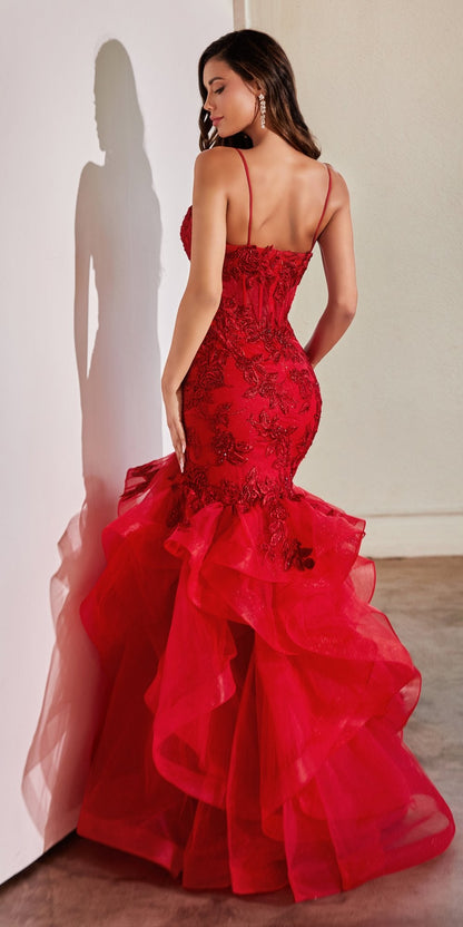 Ladivine CC8915 Long Rose Lace Applique Tiered Skirt Mermaid Dress by DiscountDressShop