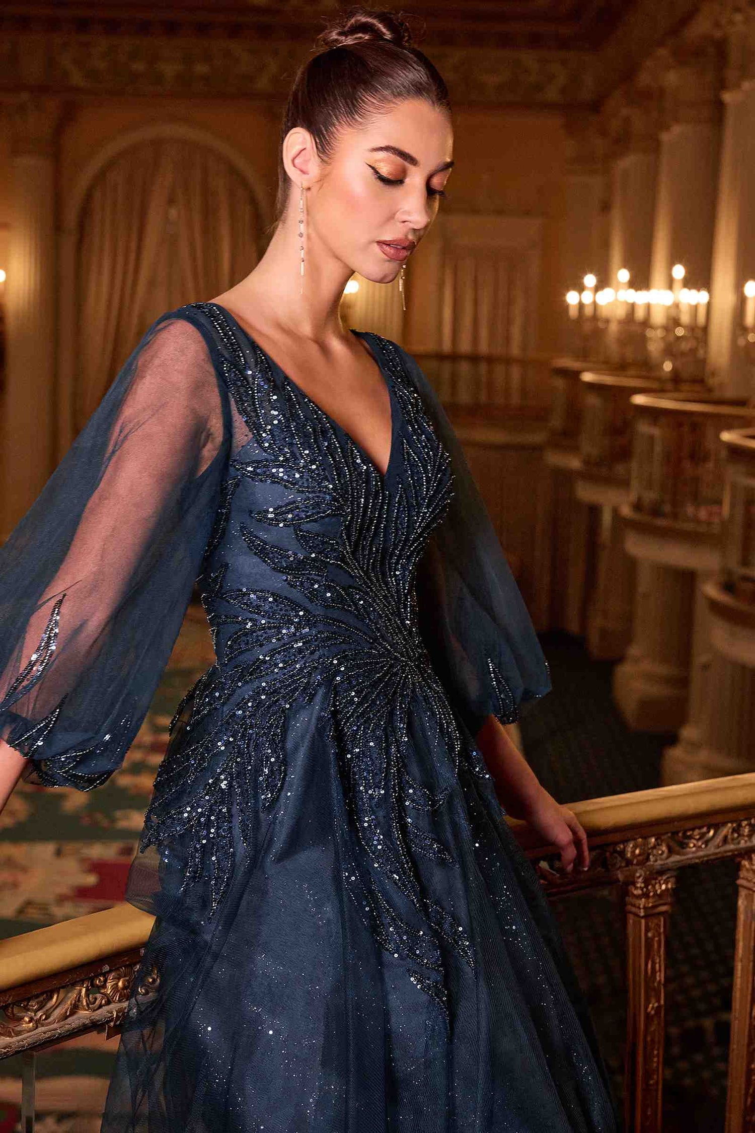 Ladivine CD0101 V-Neckline Long Sleeves Layered Tulle Skirt A-Line Gown by DiscountDressShop