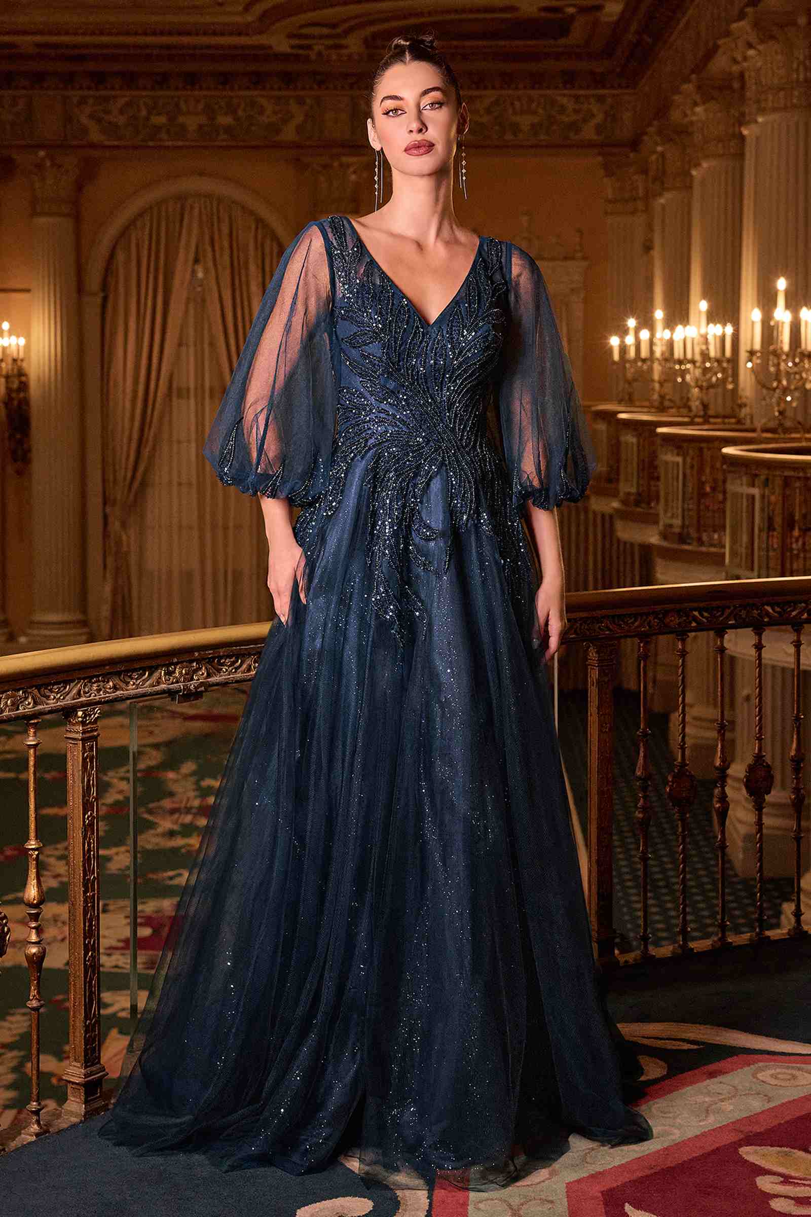 Ladivine CD0101 V-Neckline Long Sleeves Layered Tulle Skirt A-Line Gown by DiscountDressShop