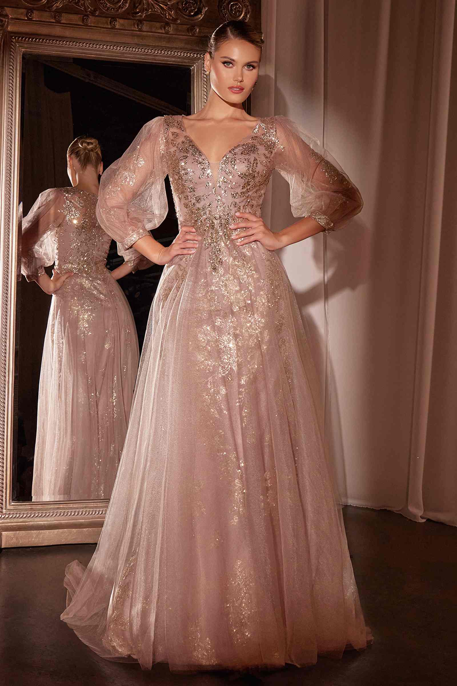 Ladivine CD0102 Dress Long Sleeve Layered Tulle A-Line Gown by DiscountDressShop