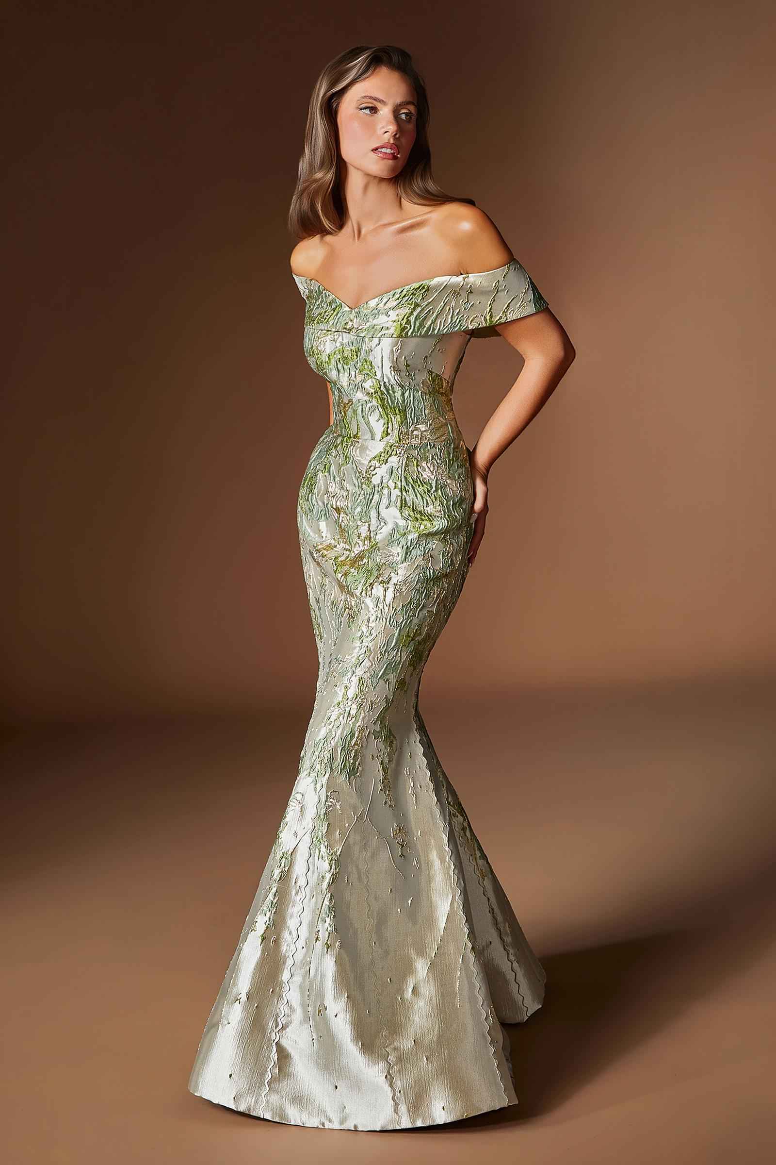Ladivine CD0107 Metallic Jacquard Off Shoulder Fitted Mermaid Gown by DiscountDressShop