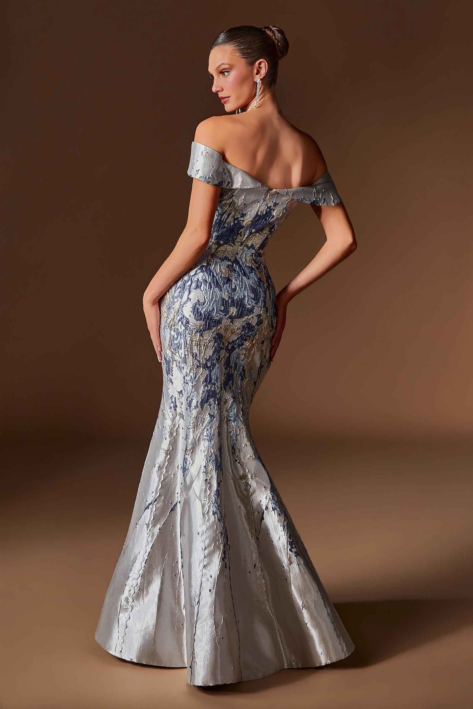 Ladivine CD0107 Metallic Jacquard Off Shoulder Fitted Mermaid Gown by DiscountDressShop