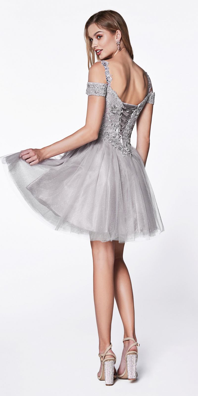CLEARANCE - Cinderella Divine CD0132 Short A-Line Dress Off Shoulder Glitter Tulle Skirt (Size S) by DiscountDressShop