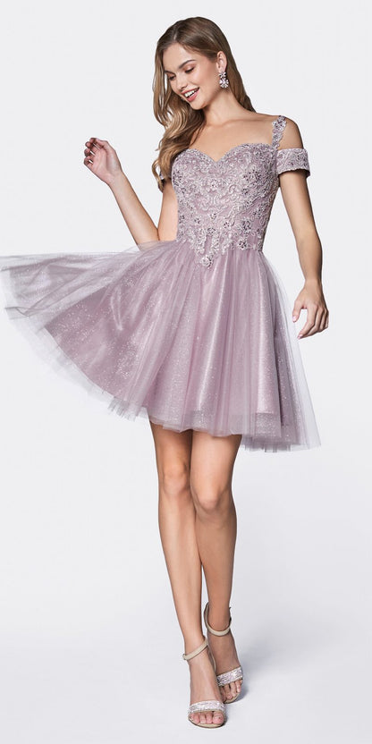 Cinderella Divine CD0132 Short A-Line Dress Off The Shoulder Glitter Tulle Skirt by DiscountDressShop