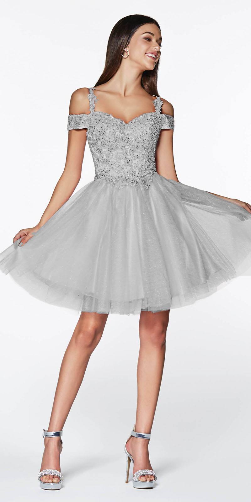 Cinderella Divine CD0132 Short A-Line Dress Off The Shoulder Glitter Tulle Skirt by DiscountDressShop