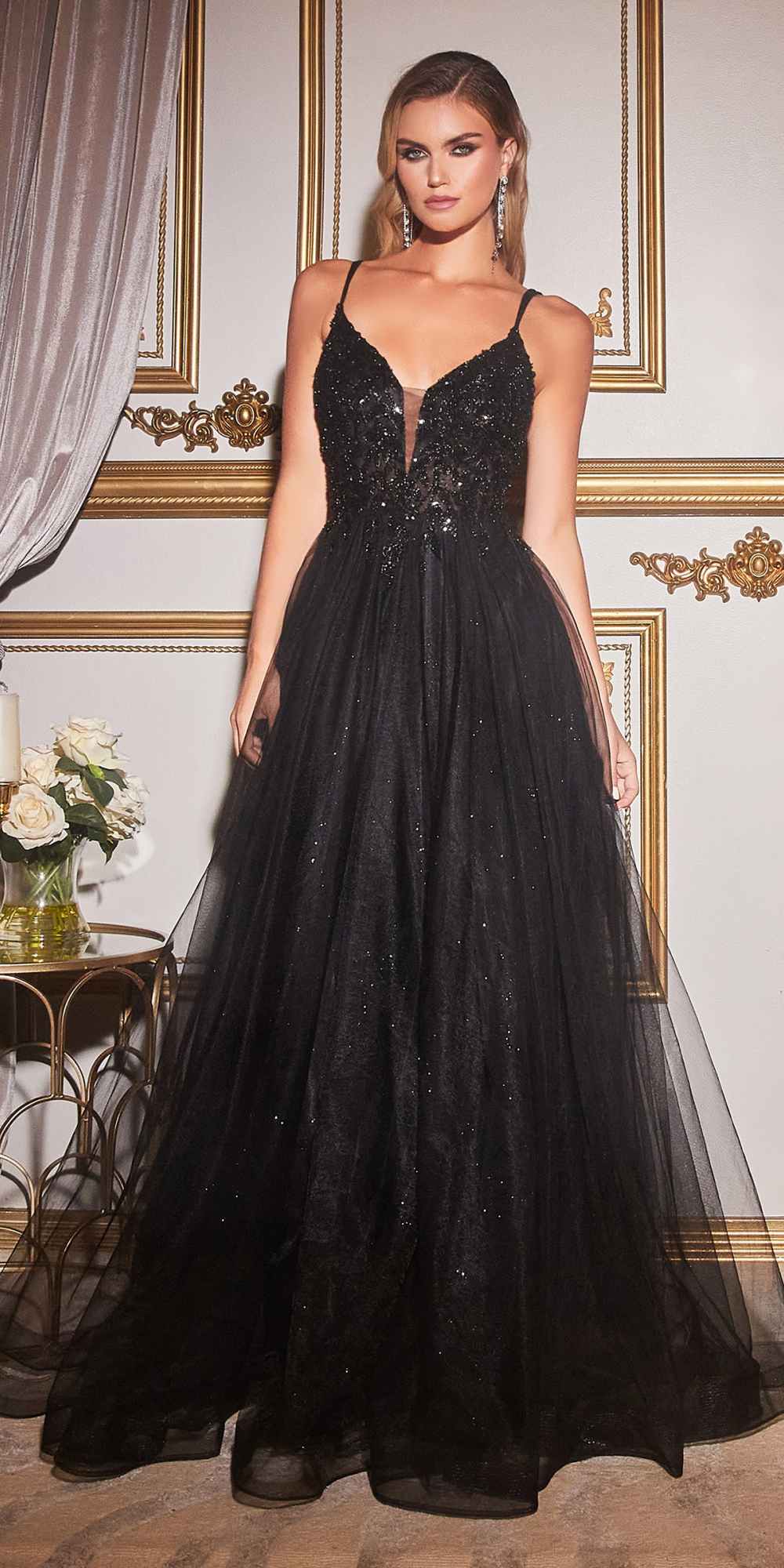 Cinderella Divine CD0154 Long Dress Beaded Applique Bodice Layered Tulle Skirt by DiscountDressShop