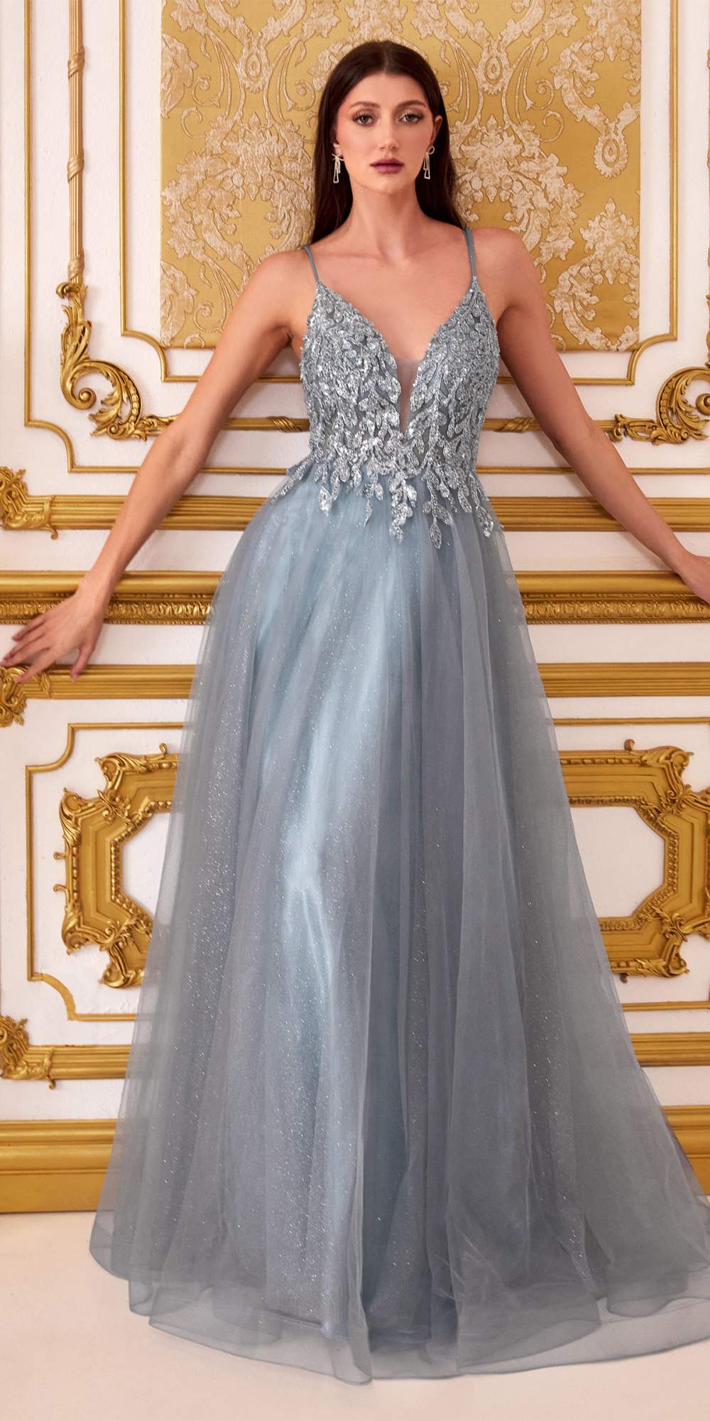 Cinderella Divine CD0154 Long Dress Beaded Applique Bodice Layered Tulle Skirt by DiscountDressShop