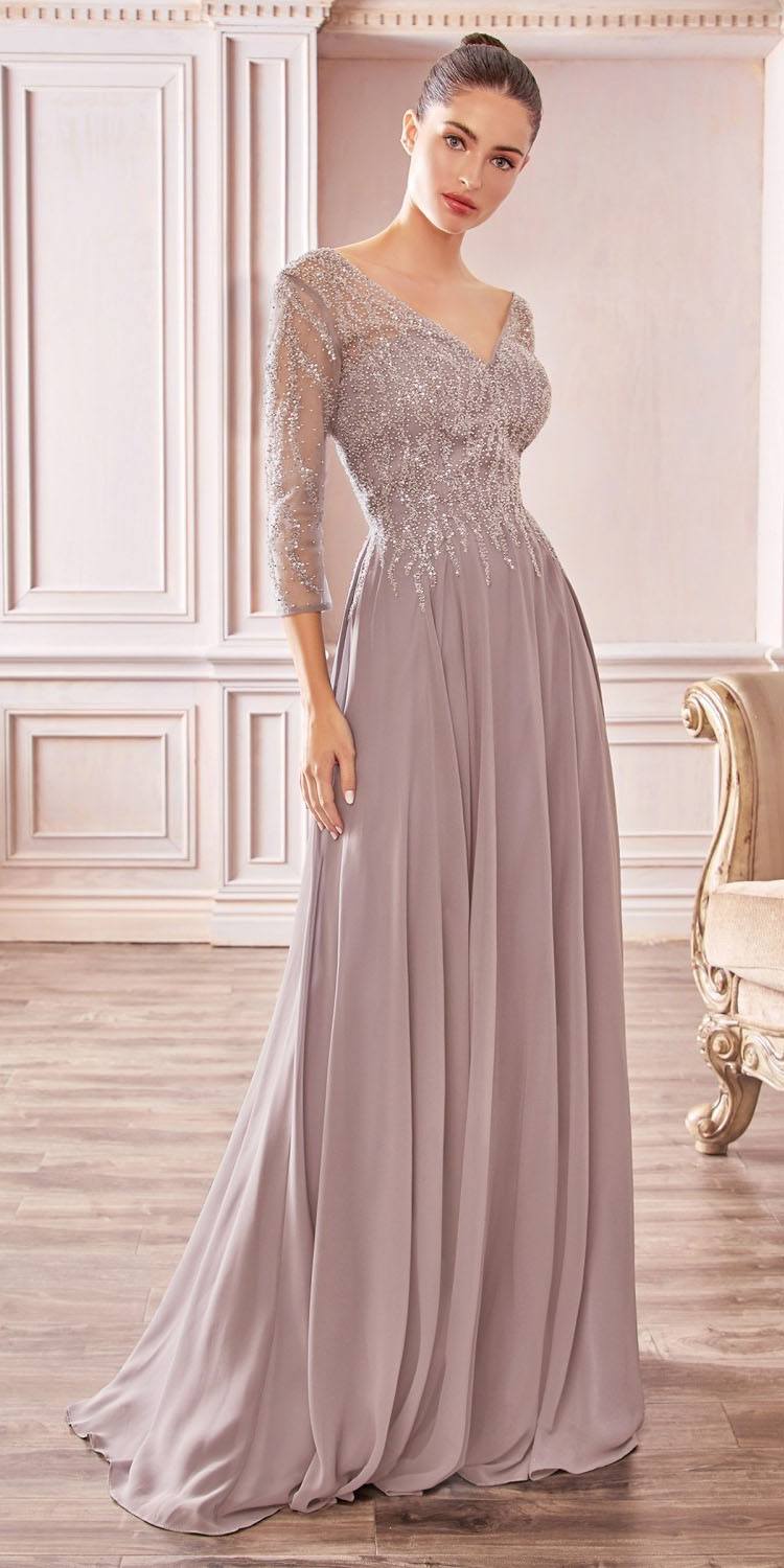 Cinderella Divine CD0171 Flowy Chiffon A-Line Gown 3/4 Length Sleeves by DiscountDressShop